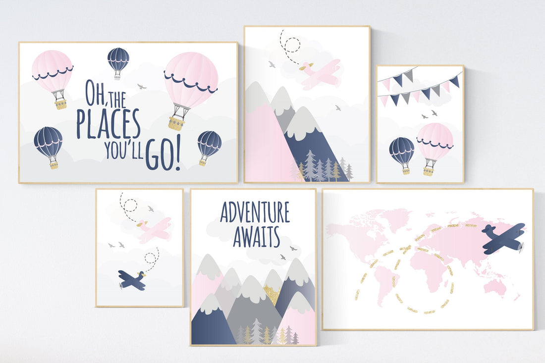 Mountain wall art for nursery, pink navy gold nursery decor, pink navy blue, nursery decor adventure, airplane, world map, adventure awaits