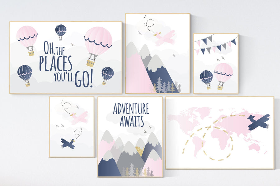 Mountain wall art for nursery, pink navy gold nursery decor, pink navy blue, nursery decor adventure, airplane, world map, adventure awaits