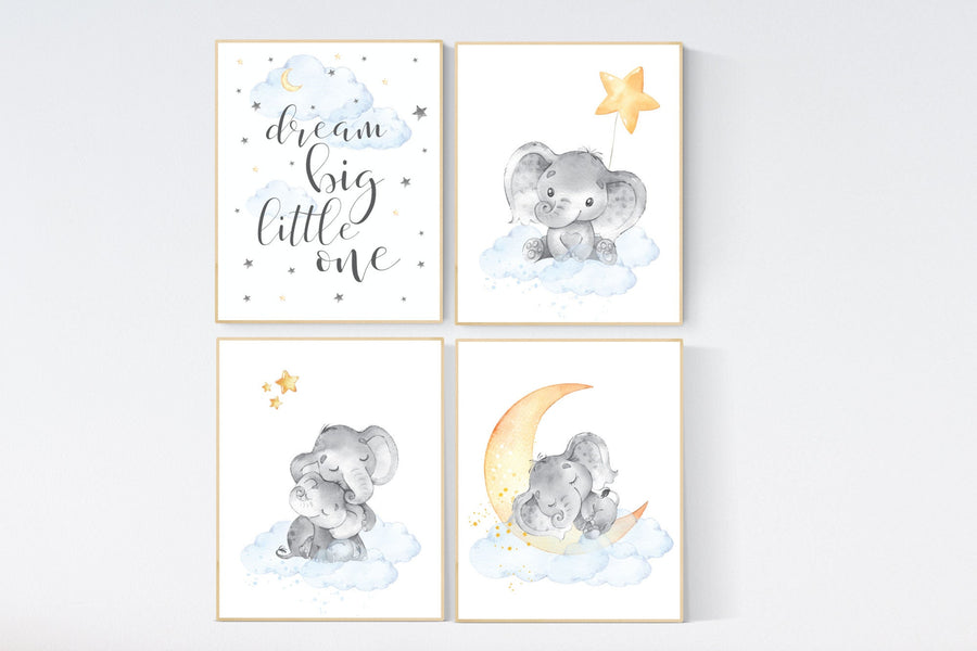 Nursery decor gender neutral, elephant prints, nursery wall decor, dream big little one, gender neutral, blue yellow, animal prints