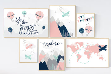 Adventure nursery decor, blush pink mint , mountain art print set, pink navy wall art, airplane, world map, adventure awaits hot air balloon