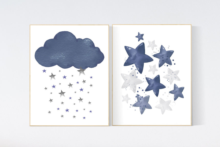 Navy nursery decor, cloud and stars, moon and stars, navy blue nursery art. baby room wall art, boy nursery decor, set of 3, navy gray