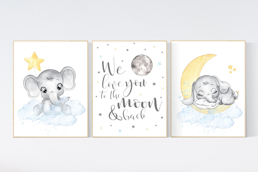 Nursery decor gender neutral, nursery wall art elephant, elephant nursery, blue and yellow, moon, cloud, stars, baby room decor, neutral