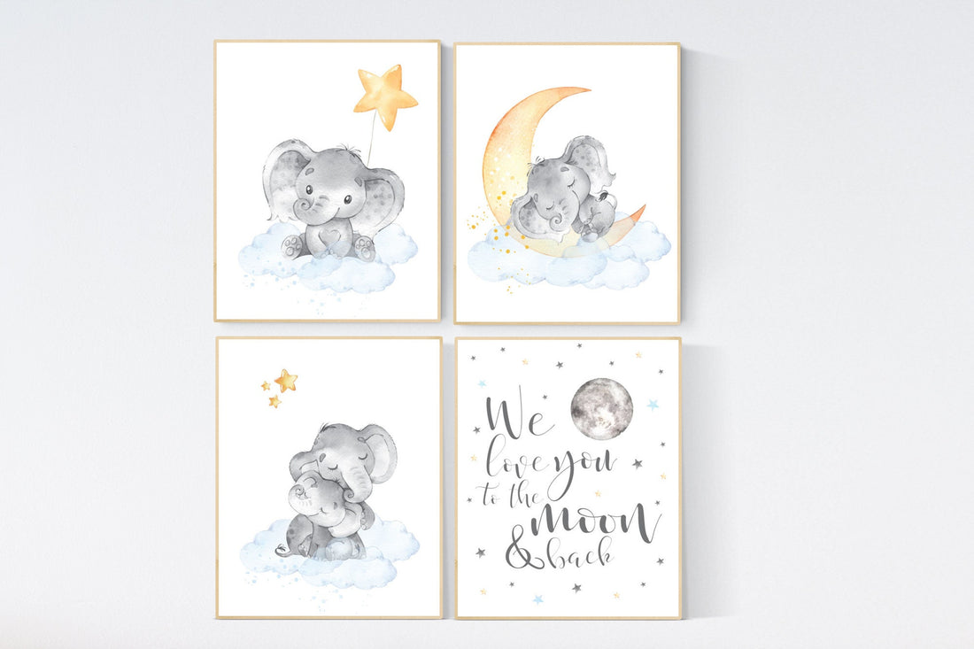 Nursery decor gender neutral, elephant prints, nursery wall art, gender neutral, blue yellow, we love you to the moon and back, wall decor