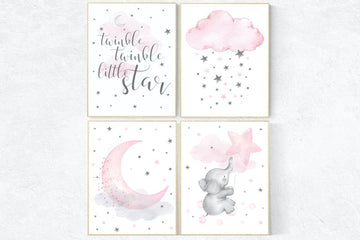 Nursery decor girl, Nursery decor elephant, nursery decor pink and gray, twinkle twinkle little star, pink nursery art, cloud and stars