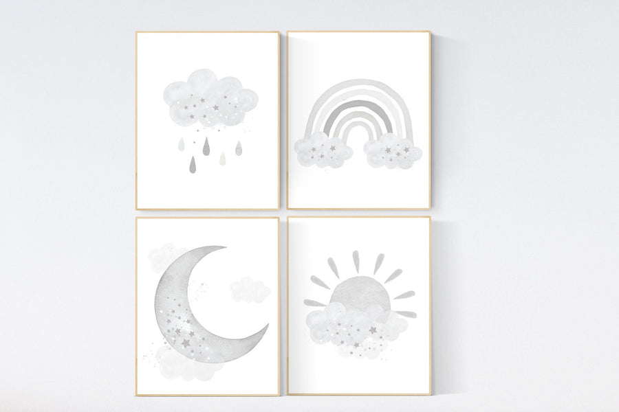 Gray nursery, neutral nursery decor, gray silver, rainbow, cloud, moon, sun, gender neutral, nursery prints, grey nursery wall decor