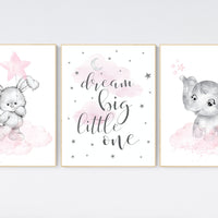 Nursery wall art girl elephant, bunny, pink and grey, nursery decor girl pink, moon, stars, nursery prints, animal prints, girl nursery