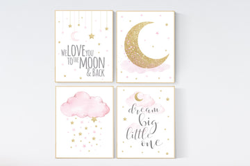 Nursery decor girl pink and gold, we love you to the moon and back, dream big little one, pink gold nursery art, cloud and stars, girls room