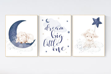 Sheep nursery decor, Nursery decor boy, nursery decor lambs, nursery wall art sheep, moon and cloud wall art nursery, navy nursery wall art