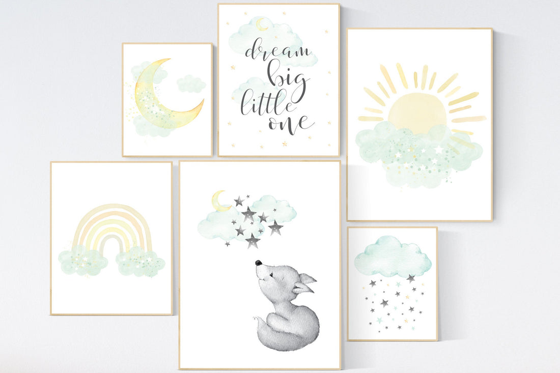 Mint and yellow nursery, moon and stars nursery, gender neutral nursery, dream big little one, rainbow, sun, fox nursery art, mint yellow