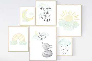 Mint and yellow nursery, moon and stars nursery, gender neutral nursery, dream big little one, rainbow, sun, fox nursery art, mint yellow