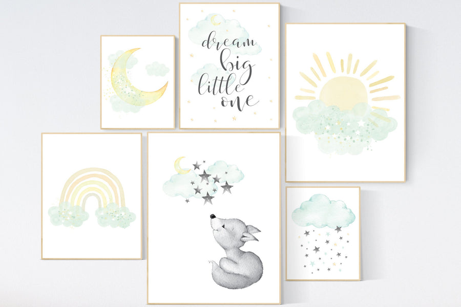 Mint and yellow nursery, moon and stars nursery, gender neutral nursery, dream big little one, rainbow, sun, fox nursery art, mint yellow