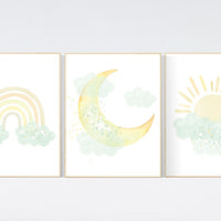 Mint and yellow nursery, moon and stars nursery, gender neutral nursery, nursery wall decor, rainbow, sun, mint yellow nursery prints
