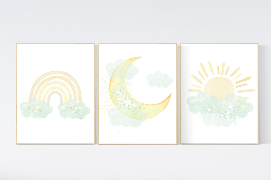 Mint and yellow nursery, moon and stars nursery, gender neutral nursery, nursery wall decor, rainbow, sun, mint yellow nursery prints