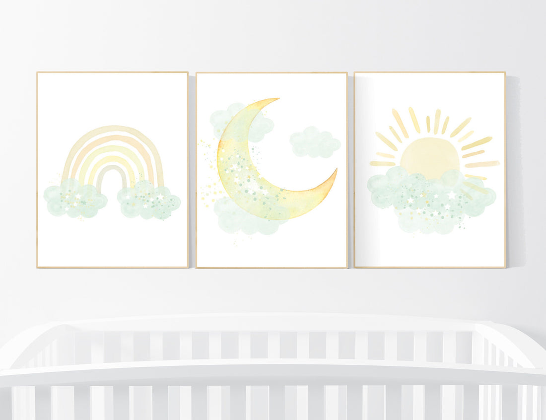 Mint and yellow nursery, moon and stars nursery, gender neutral nursery, nursery wall decor, rainbow, sun, mint yellow nursery prints