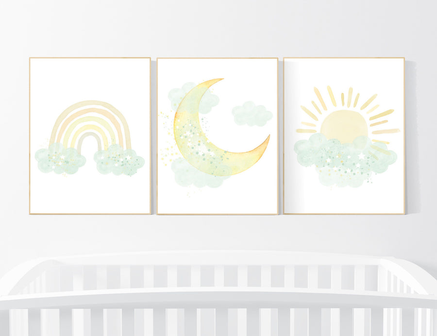Mint and yellow nursery, moon and stars nursery, gender neutral nursery, nursery wall decor, rainbow, sun, mint yellow nursery prints