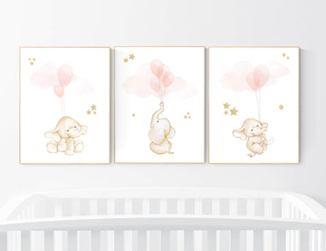 Nursery wall art girl, Blush pink nursery decor, blush gold nursery, nursery decor elephant, peach nursery, blush nursery, animal balloon