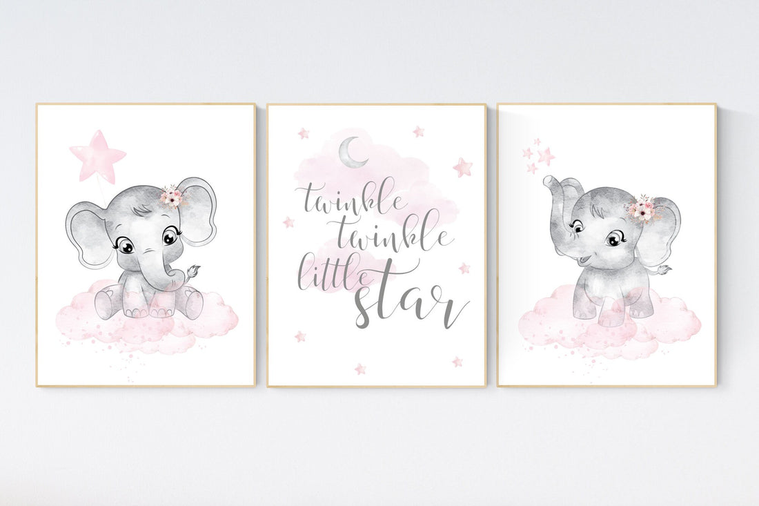 Nursery decor girl, Elephant nursery, nursery wall art elephant,  baby room, girl nursery decor, pink grey elephant, girl nursery art