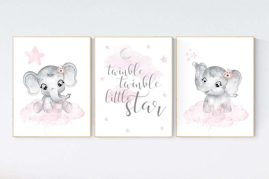 Nursery decor girl, Elephant nursery, nursery wall art elephant,  baby room, girl nursery decor, pink grey elephant, girl nursery art