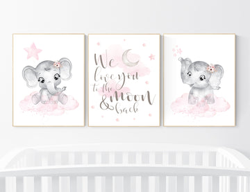 Nursery decor girl, Elephant nursery, nursery wall art elephant,  baby room, girl nursery decor, pink grey elephant, girl nursery art