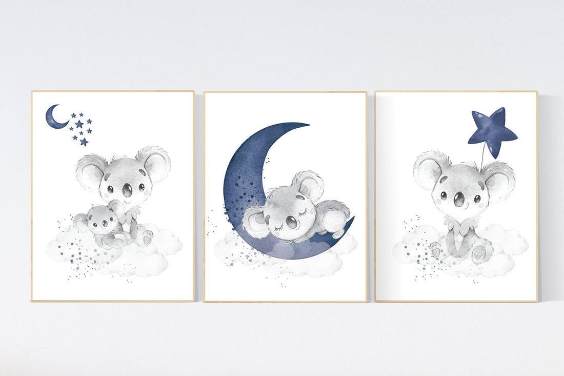 Koala Nursery Wall Art, Baby Koala Print Set, Moon and Stars Decor, Navy Blue Koala Prints, Cloud Baby Room Art, Gender Neutral Wall Art