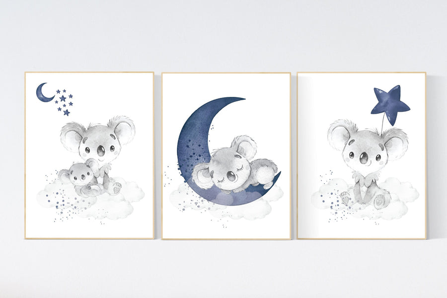 Koala Nursery Wall Art, Baby Koala Print Set, Moon and Stars Decor, Navy Blue Koala Prints, Cloud Baby Room Art, Gender Neutral Wall Art