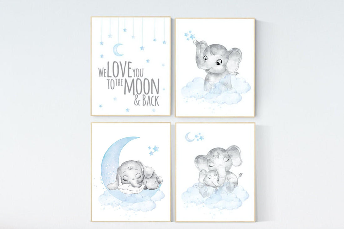 Nursery decor boy, nursery decor elephant, nursery wall art, nursery art, blue nursery decor, moon and stars, elephant nursery prints