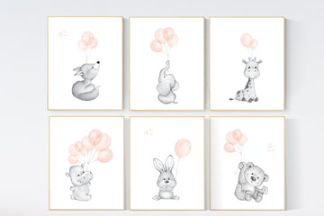 Nursery prints animals with balloons, animal balloon print, blush pink, nursery decor girl, elephant, bunny, giraffe, hippo, blush nursery