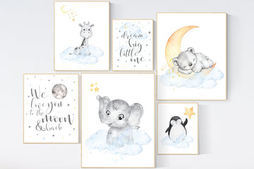 Nursery decor gender neutral, Animal prints, Nursery wall art elephant, bear, giraffe, penguin, blue yellow, nursery wall decor, animals