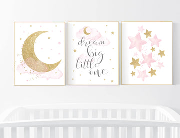 Nursery wall art girl, baby room decor girl gold and pink, moon and star, baby room decor, girl nursery wall art, star nursery, gold nursery