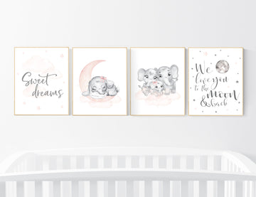 Nursery decor girl blush pink, blush grey, elephant nursery, nursery decor girl elephant, we love you to the moon and back, set of 4 prints