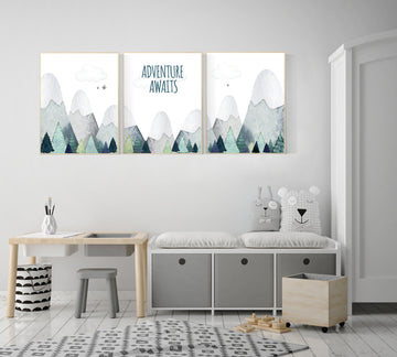 Nursery decor boy mountain, adventure nursery, adventure theme nursery, woodland, gender neutral, adventure awaits, mountains nursery forest