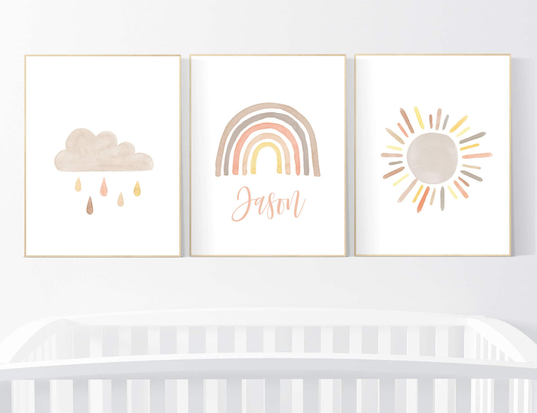 Nursery decor gender neutral, rainbow nursery art, Rainbow Wall Art, rainbow Print Set, Cloud Rainbow Sun, nursery decor name, Rainbow print