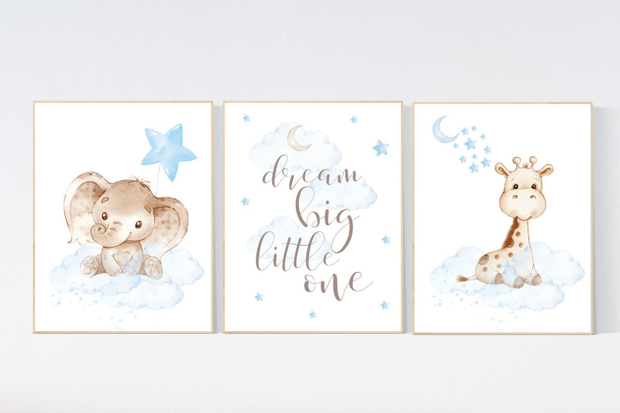 Nursery wall art animals, baby room decor blue, baby room decor, elephant, giraffe, animal nursery decor, nursery prints boy room decor