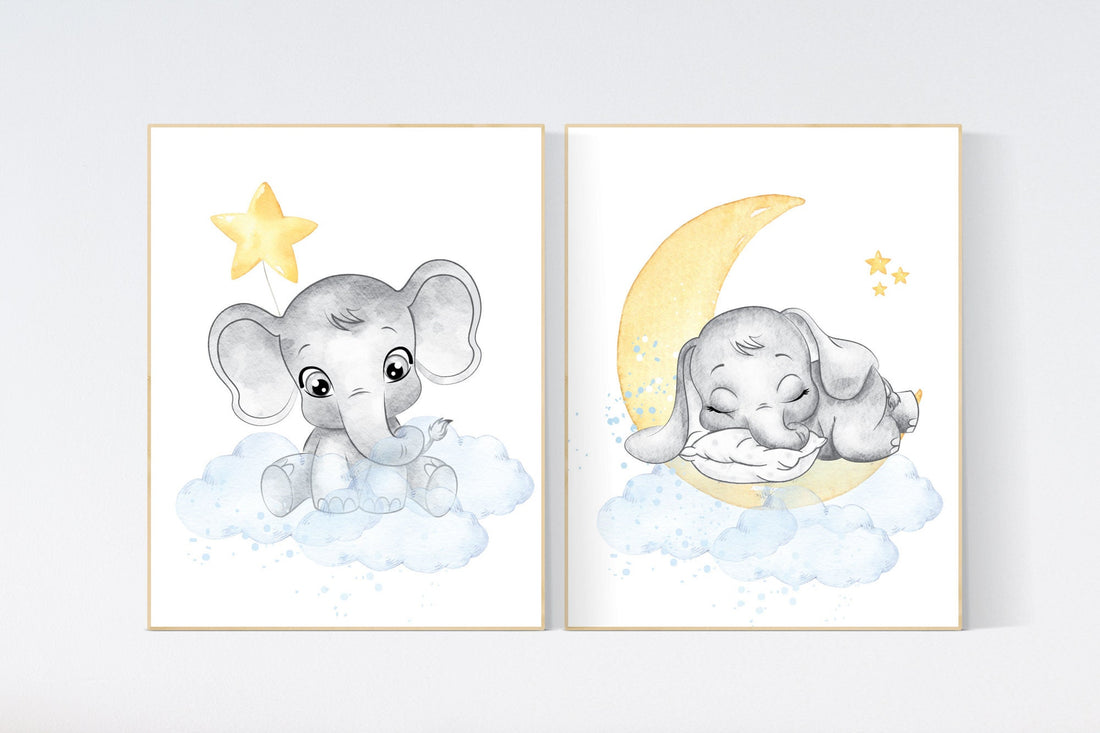 Nursery decor neutral, nursery wall art elephant, moon and stars