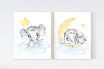 Nursery decor neutral, nursery wall art elephant, moon and stars, gender neutral, baby room decor, elephant balloon, elephant nursery