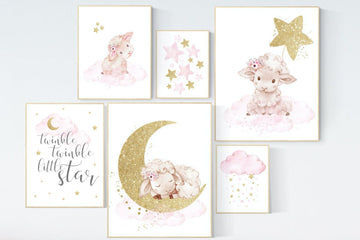 Baby room decor girl, Nursery wall art girl pink gold, Sheep nursery decor, sheep nursery art, lamb nursery decor, lamb print for nursery