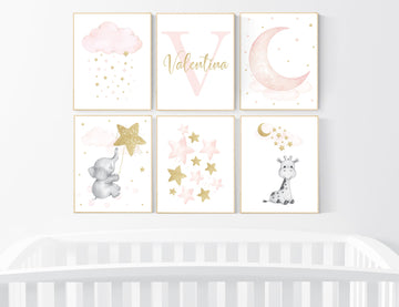 Nursery decor girl name, Blush pink and gold, nursery wall art girl, elephant, giraffe, blush pink gold, girl nursery wall decor, cloud moon