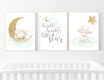 Mint and gold nursery decor, sheep nursery, gender neutral nursery, lamb nursery, mint gold nursery decor, Nursery decor animals, mint green