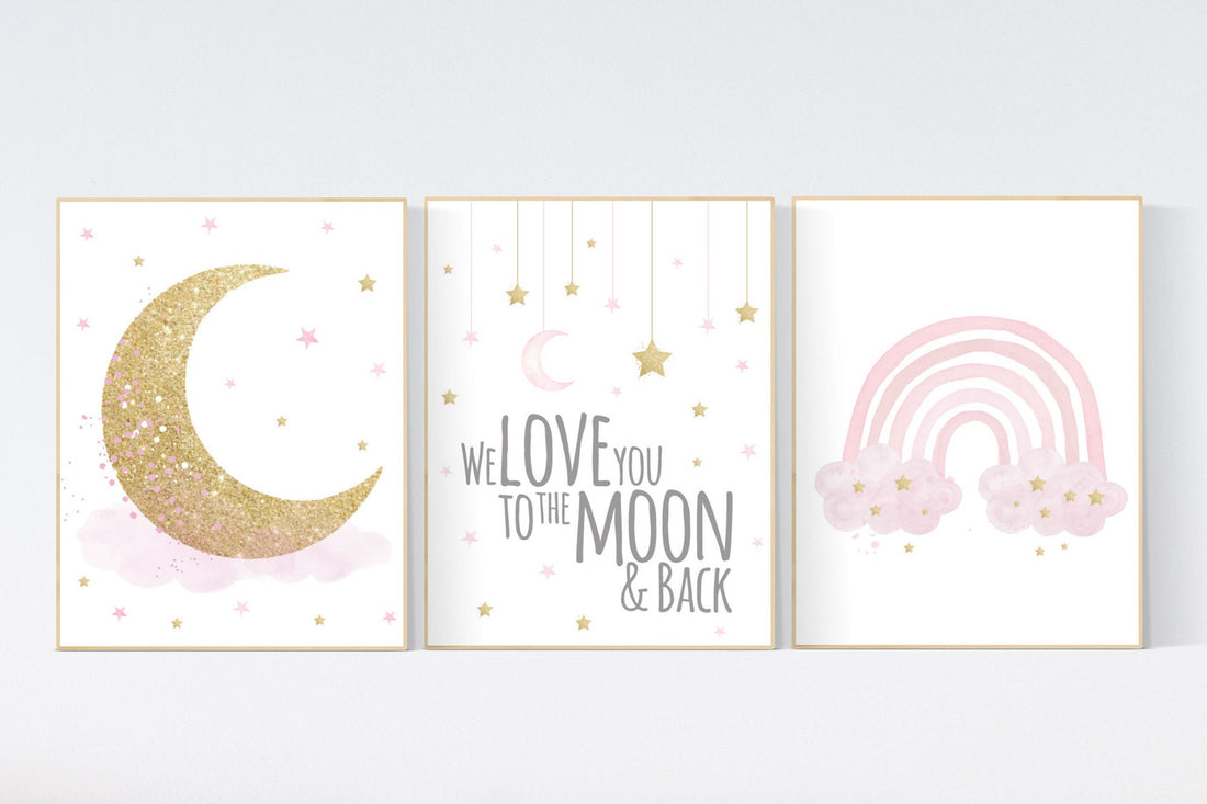 Nursery wall art girl, rainbow nursery, gold and pink, cloud, moon, stars, girl nursery ideas, nursery wall art, rainbow nursery wall decor