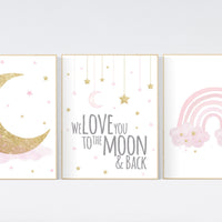 Nursery wall art girl, rainbow nursery, gold and pink, cloud, moon, stars, girl nursery ideas, nursery wall art, rainbow nursery wall decor