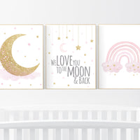 Nursery wall art girl, rainbow nursery, gold and pink, cloud, moon, stars, girl nursery ideas, nursery wall art, rainbow nursery wall decor