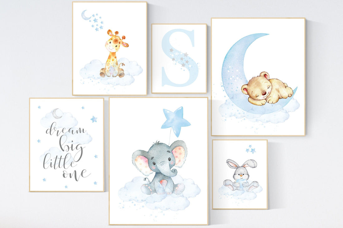 Nursery decor woodland, nursery wall art animals, nursery decor stars and moon, animal nursery prints, elephant, bunny, giraffe bear nursery