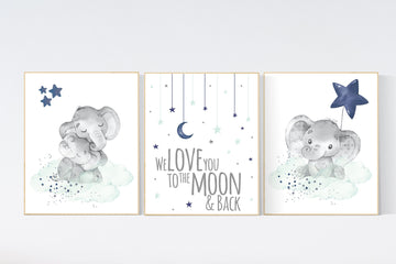 Elephant nursery, Navy and mint nursery decor, navy mint nursery art, baby room wall art, we love you to the moon and back, nursery prints