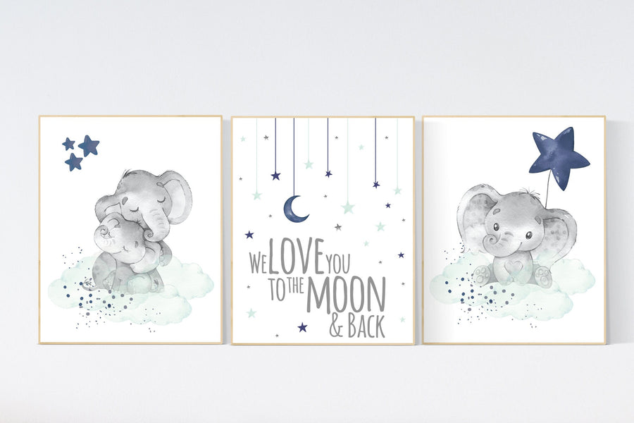 Elephant nursery, Navy and mint nursery decor, navy mint nursery art, baby room wall art, we love you to the moon and back, nursery prints