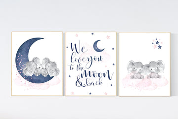 Twin nursery, elephant nursery print, pink and navy nursery, cloud and stars nursery, boy and girl twins, pink navy, twins nursery room
