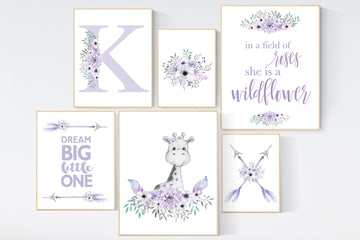 Nursery decor girl boho, purple teal nursery, nursery decor girl flower, nursery wall art  giraffe, lilac nursery, lavender nursery wall art