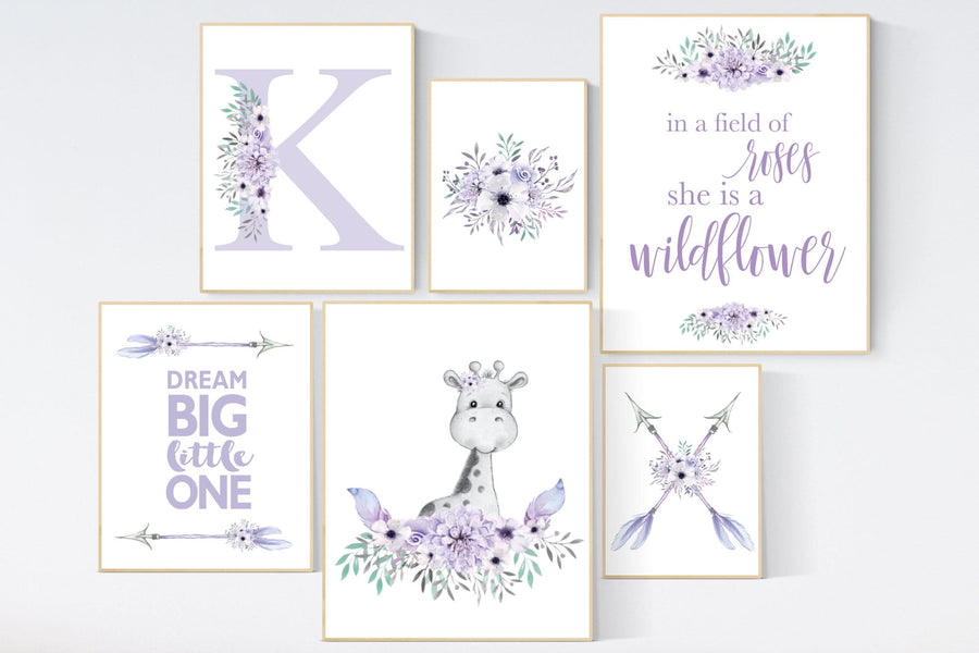 Nursery decor girl boho, purple teal nursery, nursery decor girl flower, nursery wall art  giraffe, lilac nursery, lavender nursery wall art