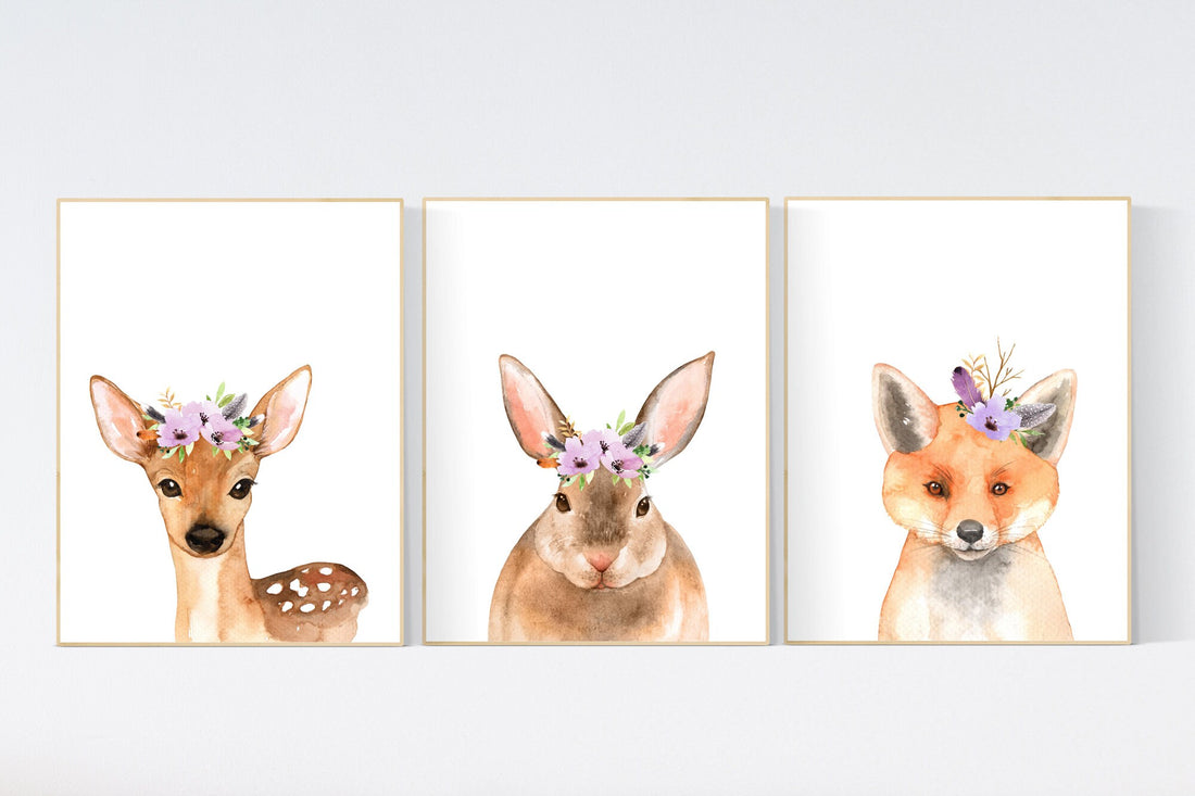 Nursery decor purple, Woodland nursery, flower animal print, lilac nursery, animal flower crown, lavender nursery, nursery prints animals