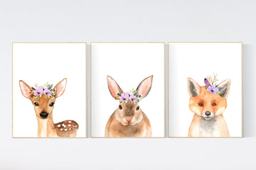 Nursery decor purple, Woodland nursery, flower animal print, lilac nursery, animal flower crown, lavender nursery, nursery prints animals