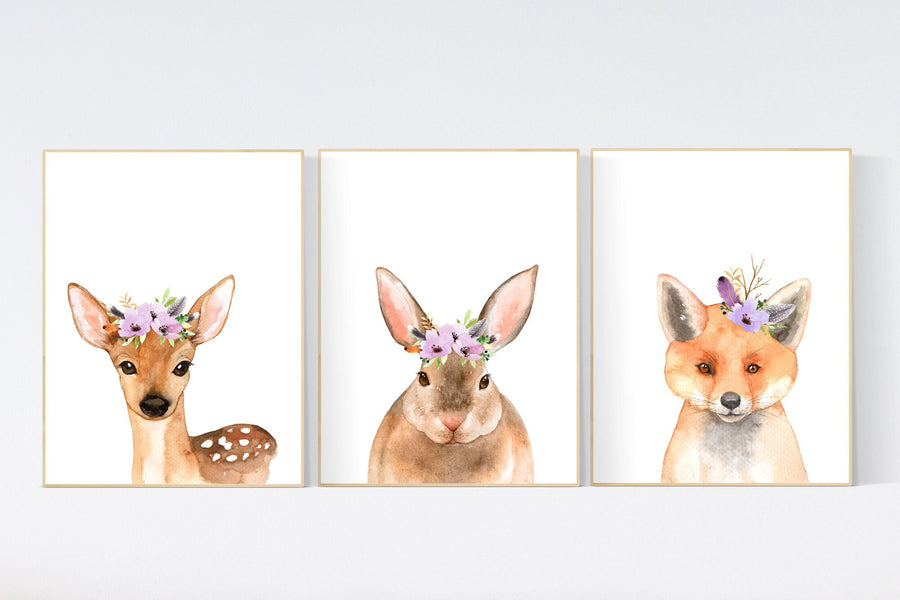 Nursery decor purple, Woodland nursery, flower animal print, lilac nursery, animal flower crown, lavender nursery, nursery prints animals